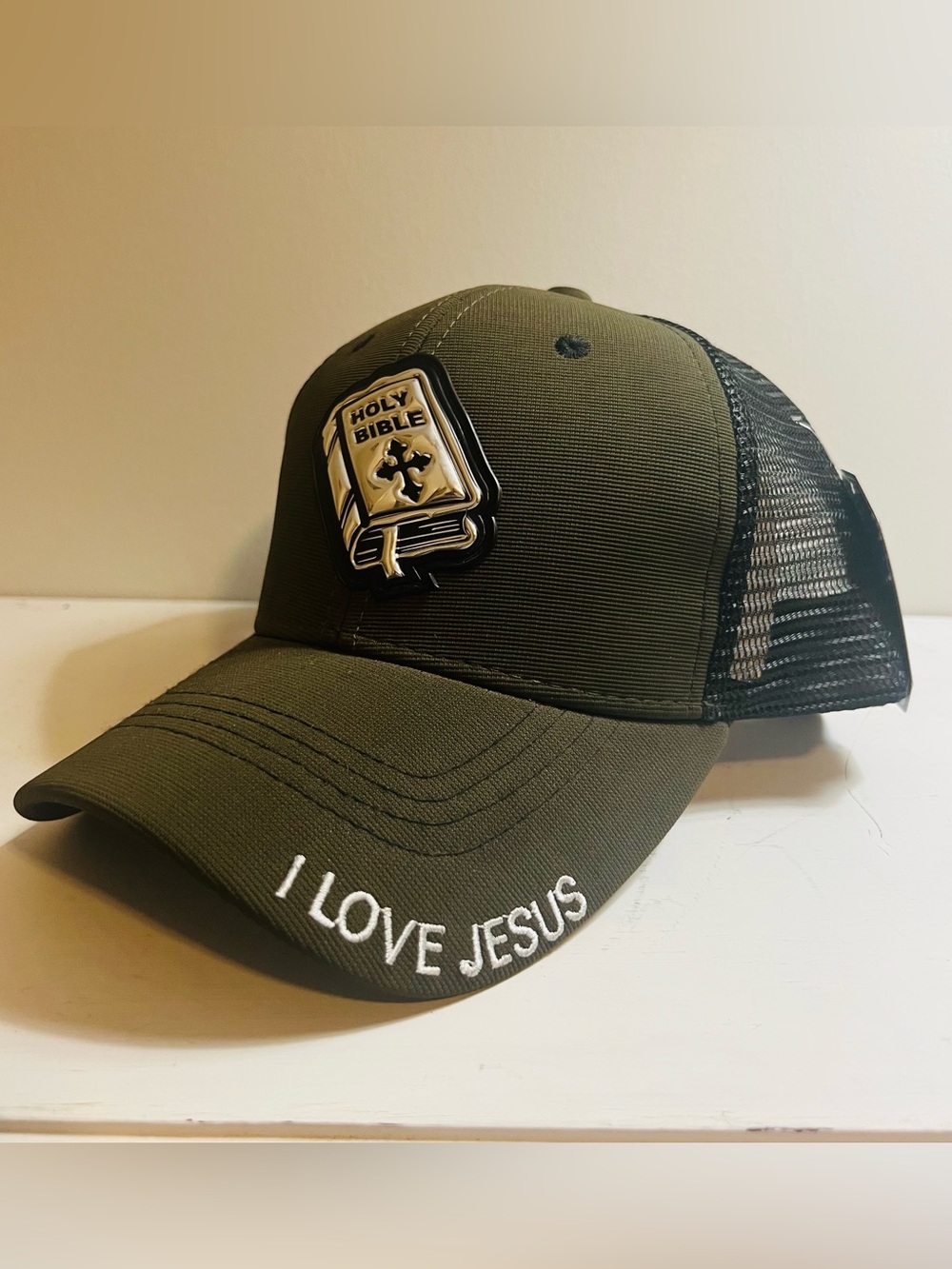 Olive Green Trucker Hat with 'I LOVE JESUS' Embroidery